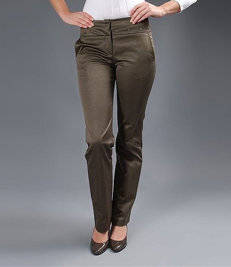 Pantaloni cu tinte metalice din saten gros elastic kaki