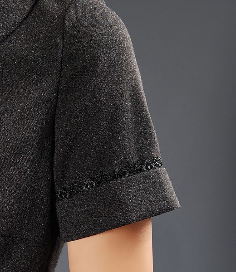 Rochie stofa gri inchis cu garnitura dantela si catifea