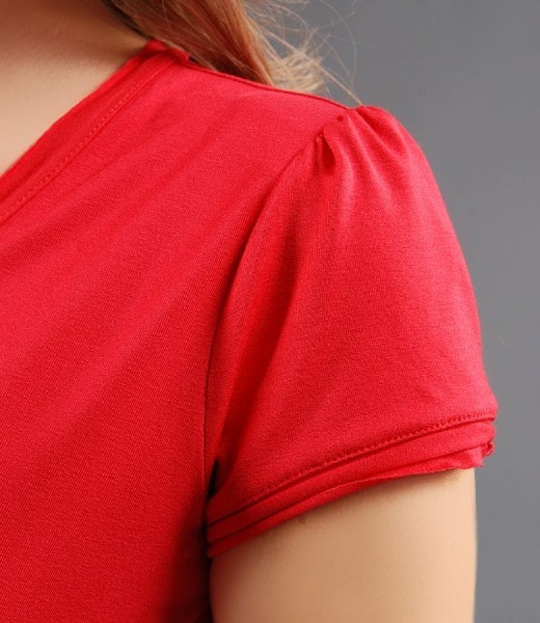 Tricou din jerse uni cu decolteu in V si cordon