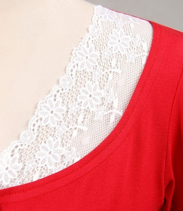 Bluza jerse uni rosu cu dantela aplicata