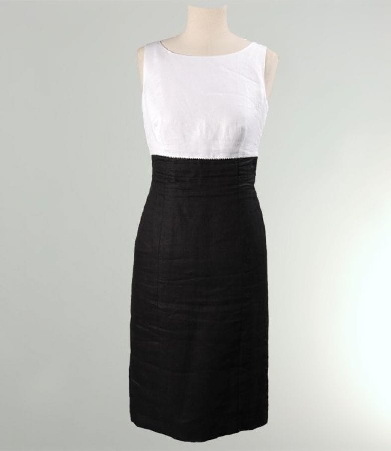 Rochie din in alb-negru cu garnitura contrast
