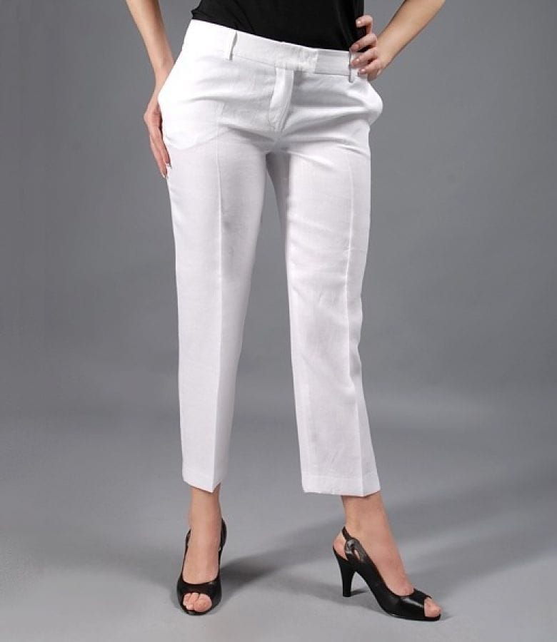 Pantaloni din in alb cu buzunare