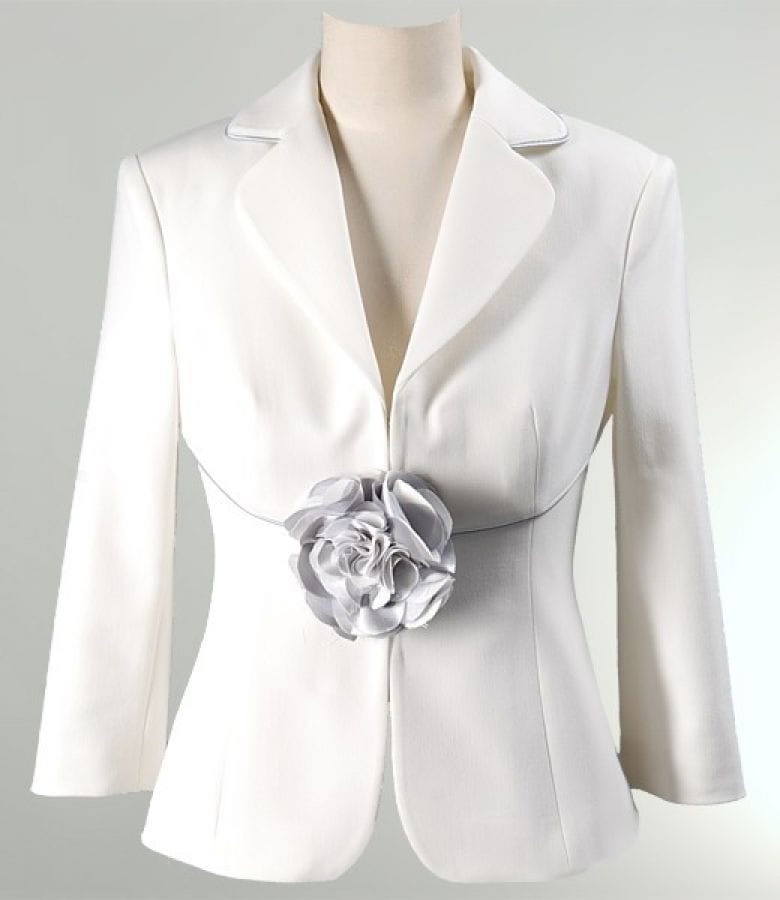 Sacou office alb-ecru cu garnitura gri si floare