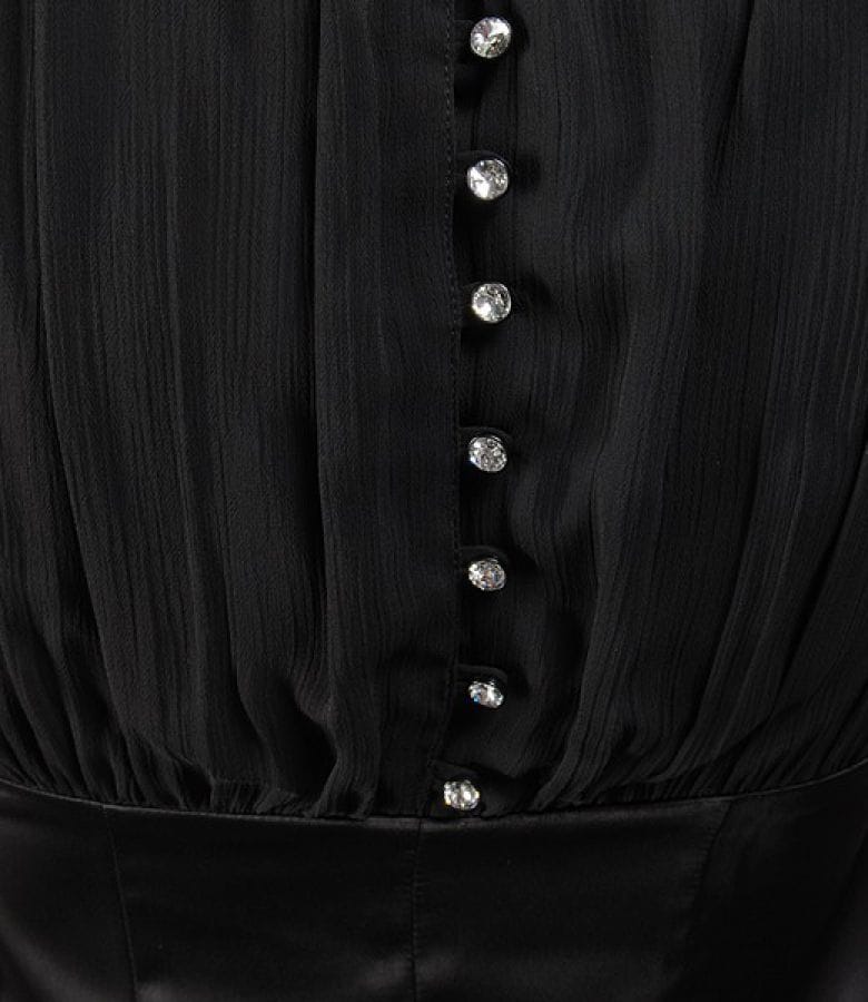 Rochie din saten elastic negru si voal cu cristale