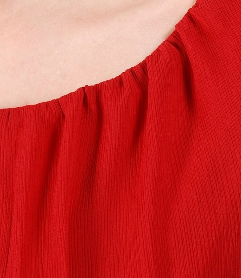 Rochie din saten elastic rosu si voal cu cristale