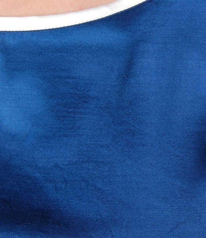 Rochie din saten albastru cu garnitura contrast si falduri