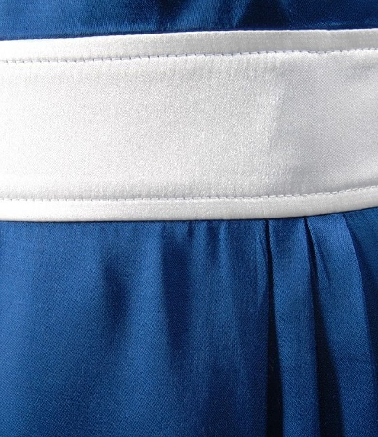 Rochie din saten albastru cu garnitura contrast si falduri