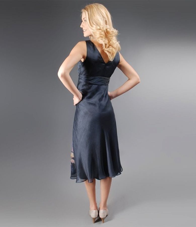 Rochie fluida din matase gri-petrol cu imprimeu floral