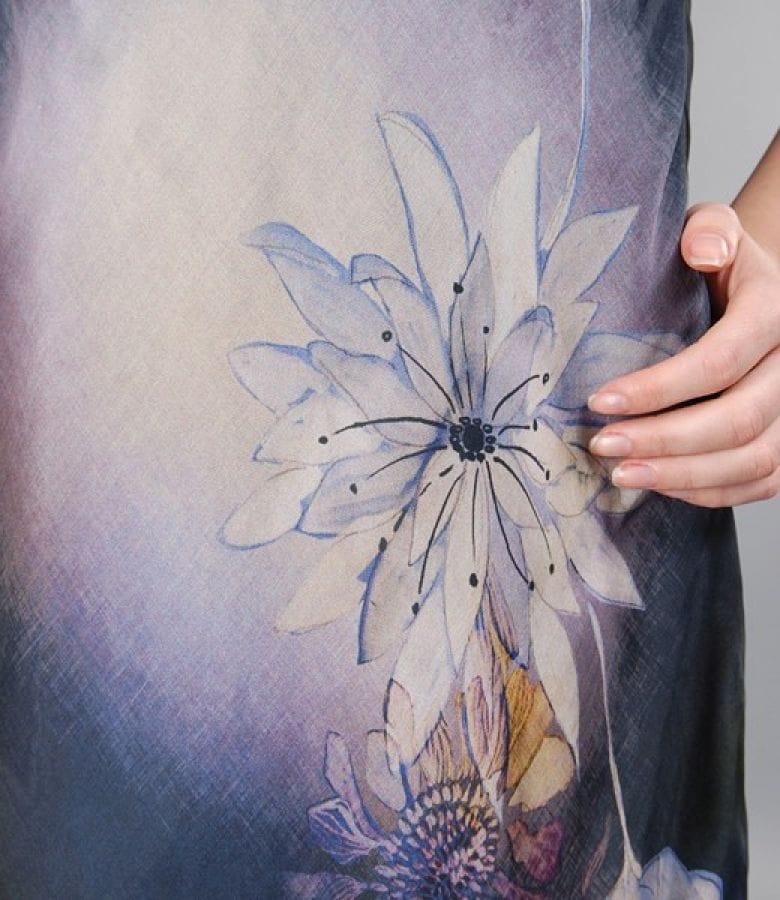 Rochie fluida din matase gri-petrol cu imprimeu floral