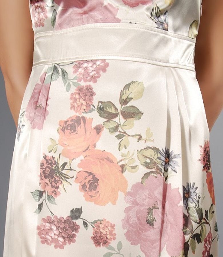 Rochie din saten crem cu imprimeu floral si falduri