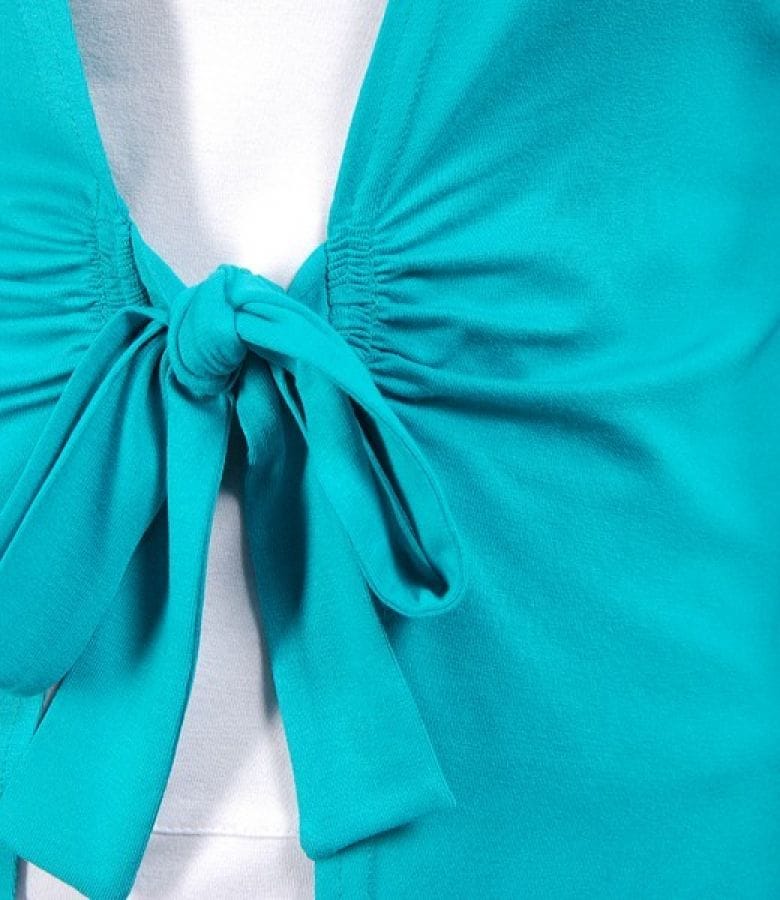 Bluza din jerse turquoise legata cu cordon