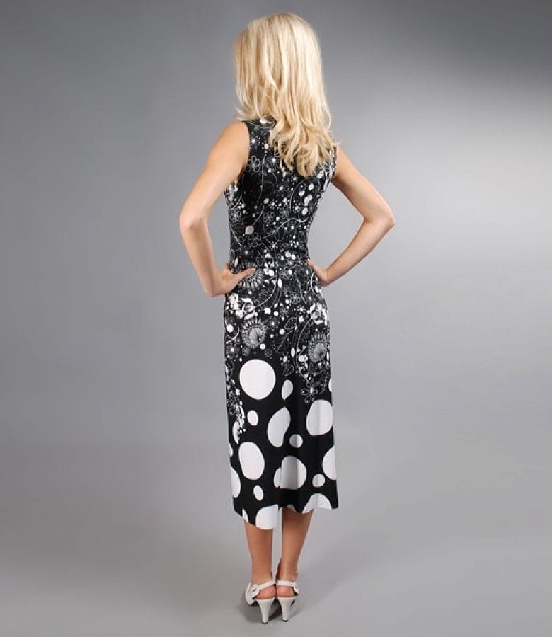 Rochie jerse imprimat alb-negru cu nod pe bust