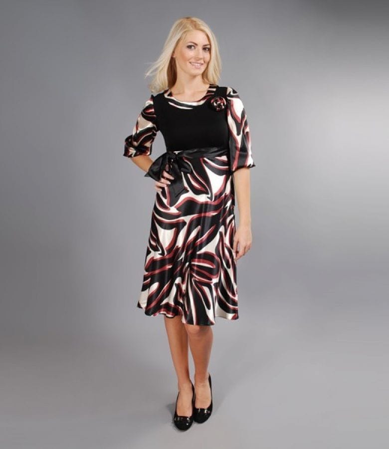 Rochie din saten imprimat si jerse cu maneci bufante