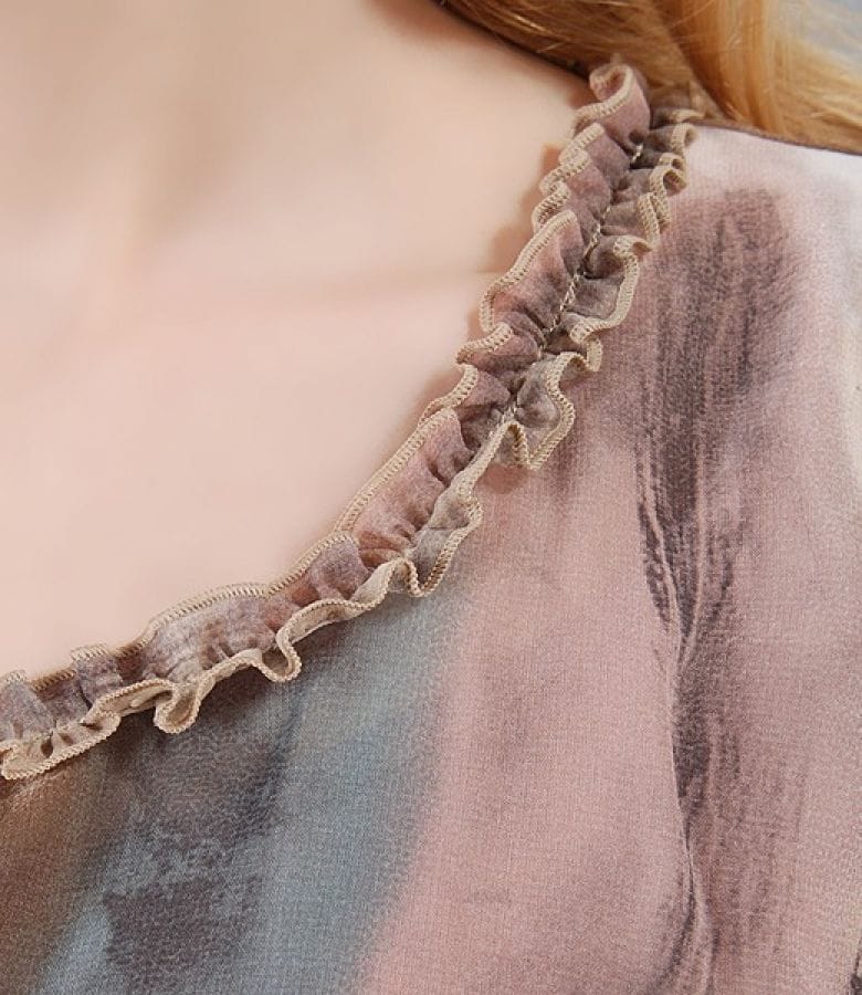 Rochie din voal imprimat cu volane si furou