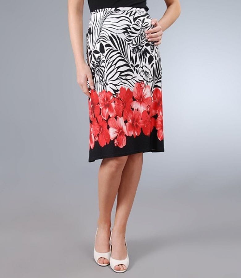 Fusta jerse cu imprimeu floral rosu