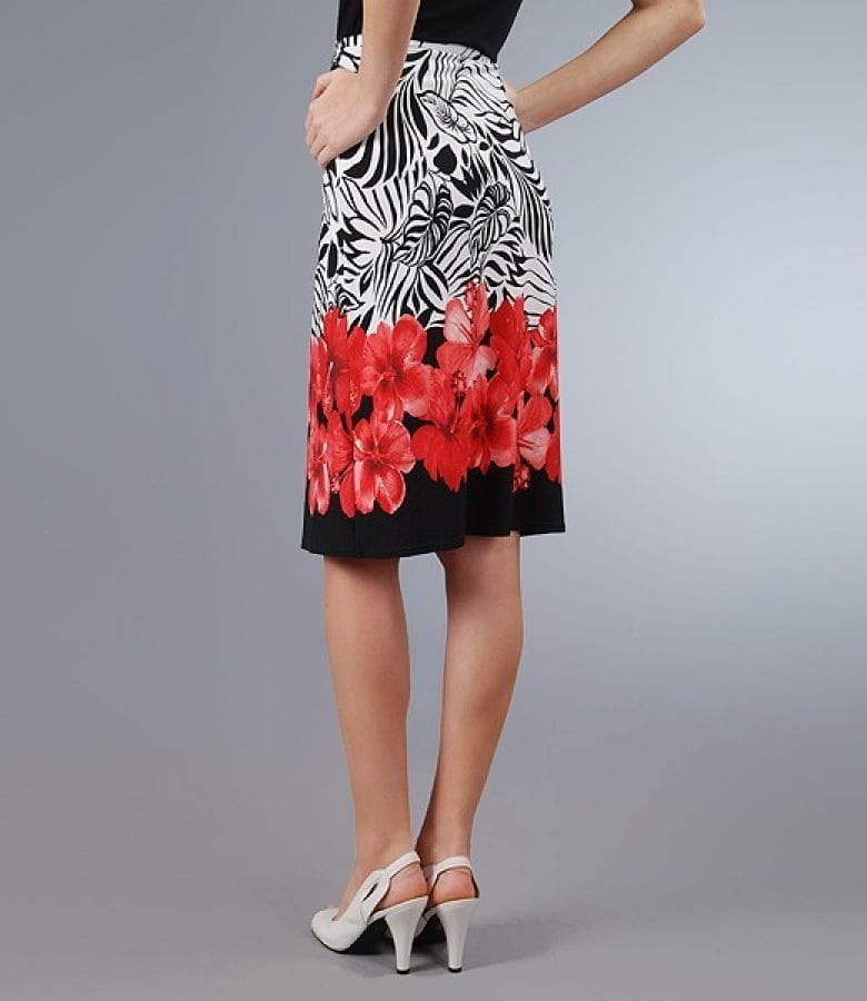 Fusta jerse cu imprimeu floral rosu