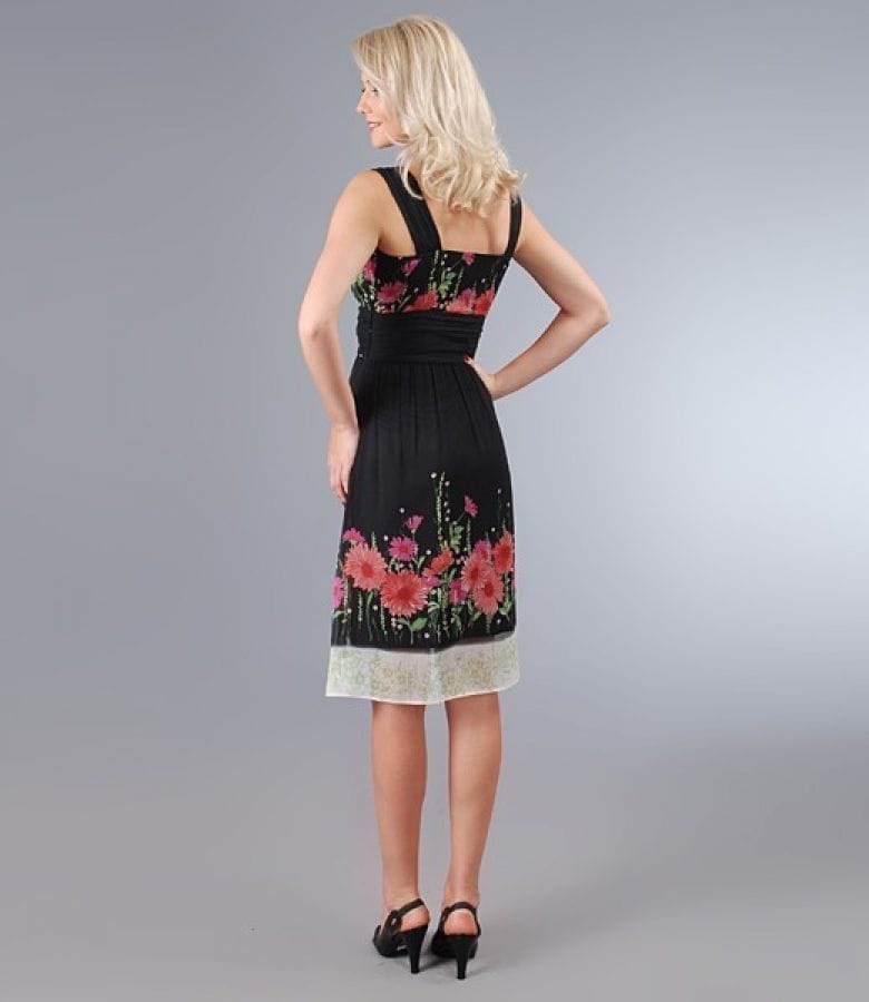 Rochie din voal negru creponat cu imprimeu floral