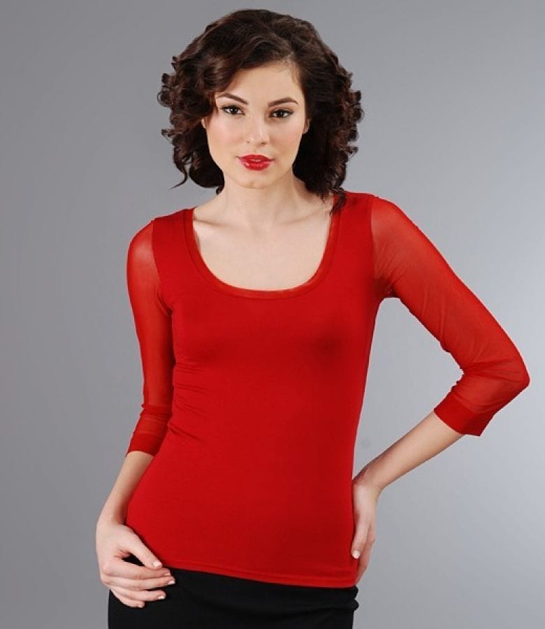 Tricou din jerse rosu cu garnitura de tul elastic
