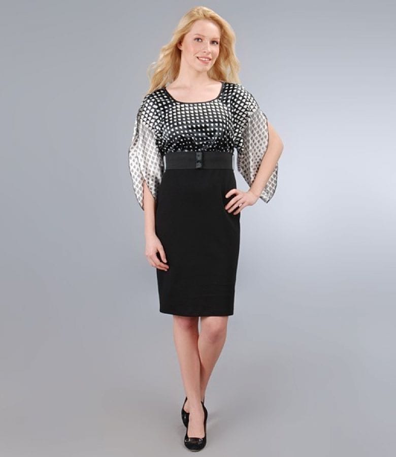 Rochie din saten si jerse elastic cu maneci fluture