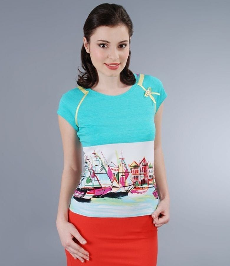 Tricou din jerse elastic imprimat cu maneci raglan