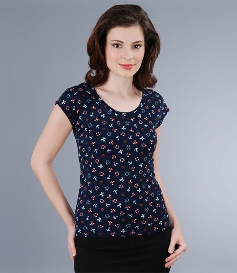 Tricou din jerse elastic imprimat cu umeri cazuti