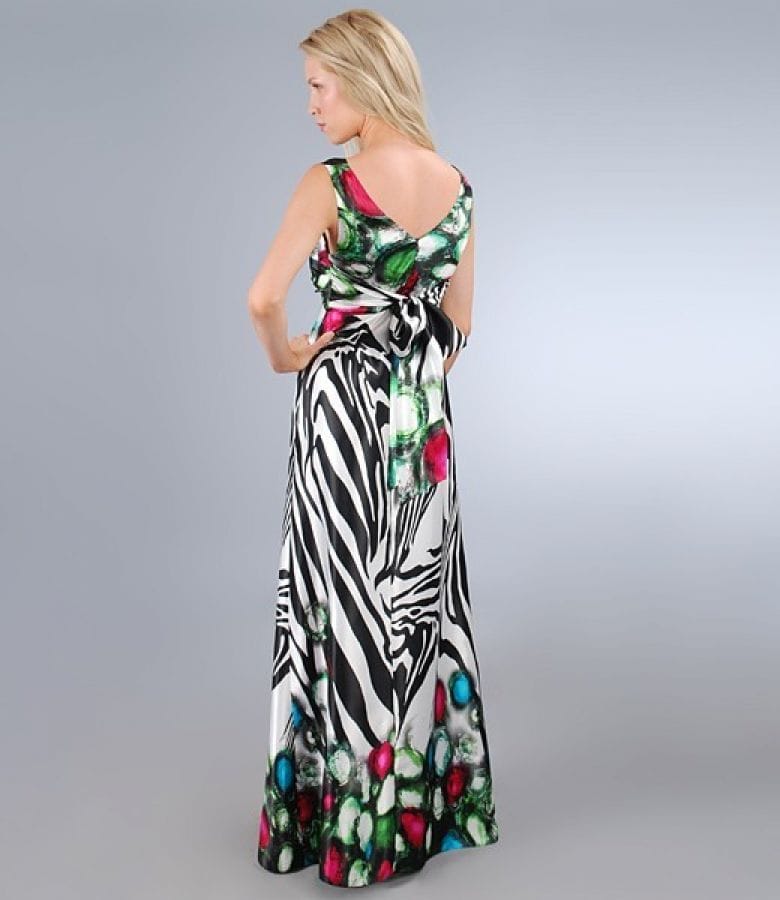 Rochie lunga din saten imprimat cu nod si funda