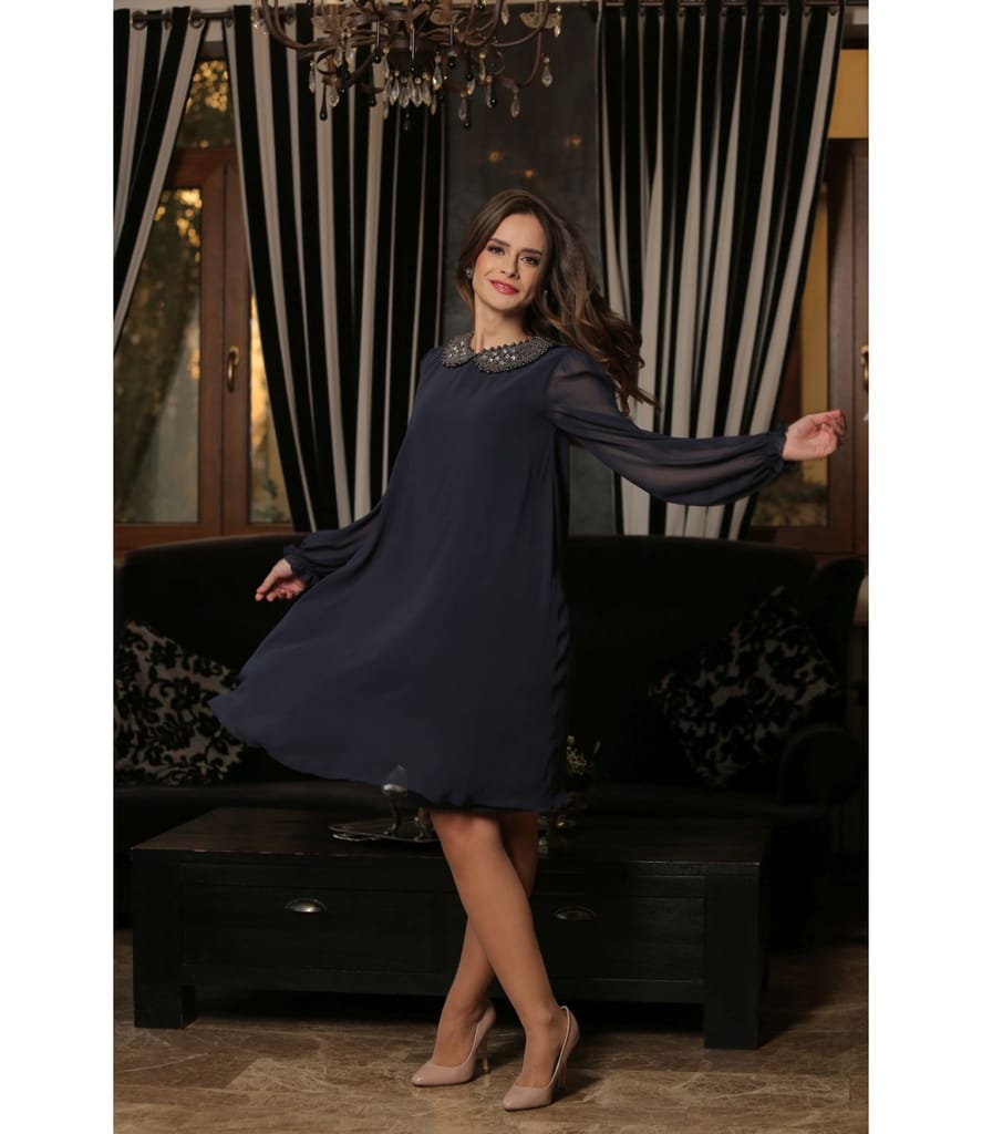 Rochie de seara din voal cu maneci bufante si garnitura