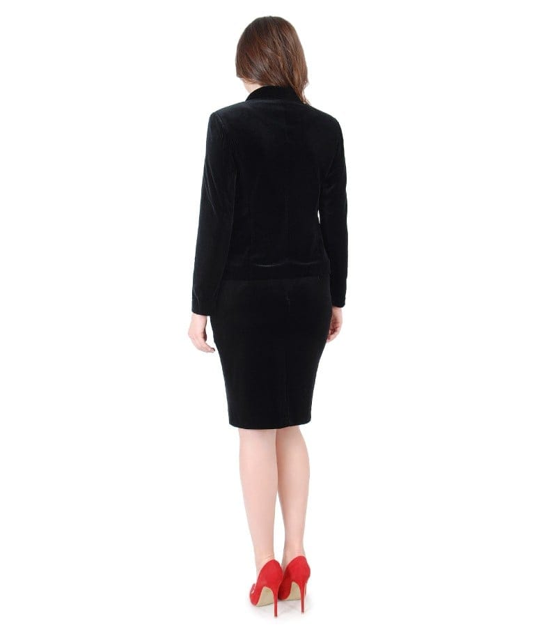 Costum de ocazie dama cu sacou si fusta din catifea neagra
