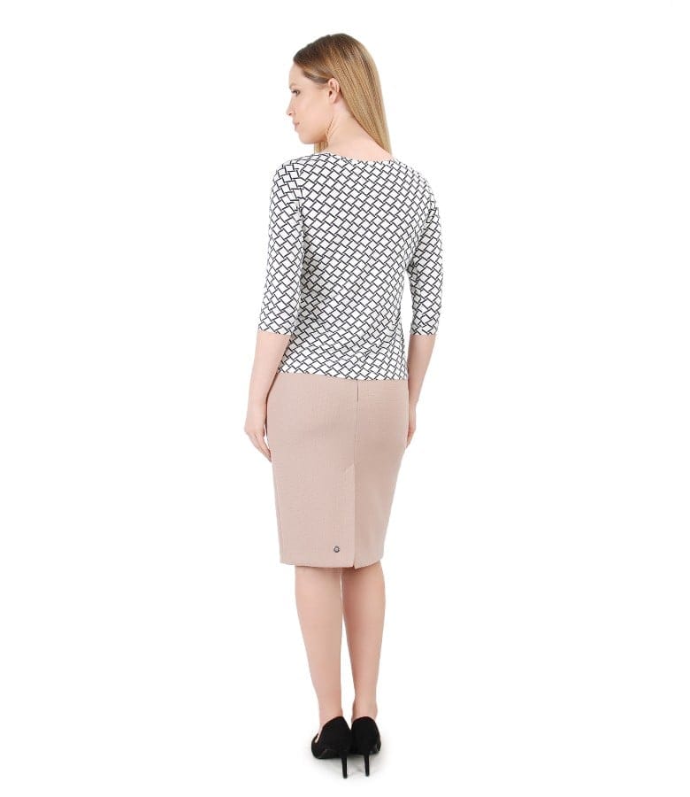 Bluza din jerse elastic imprimat cu fusta conica