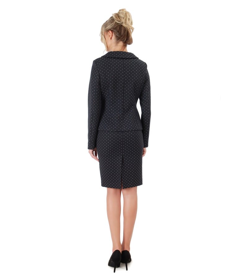 Costum office dama cu sacou si fusta din bumbac imprimat cu picouri
