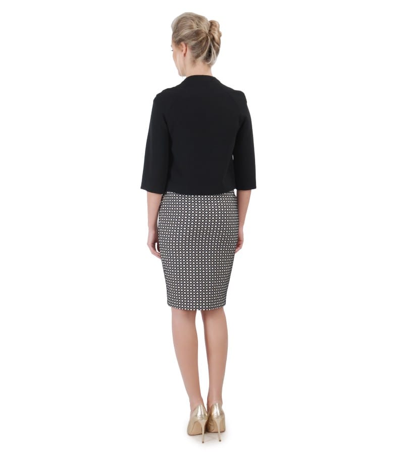 Tinuta de ocazie cu rochie din brocart de bumbac si bolero cu aplicatie de cristale pe decolteu