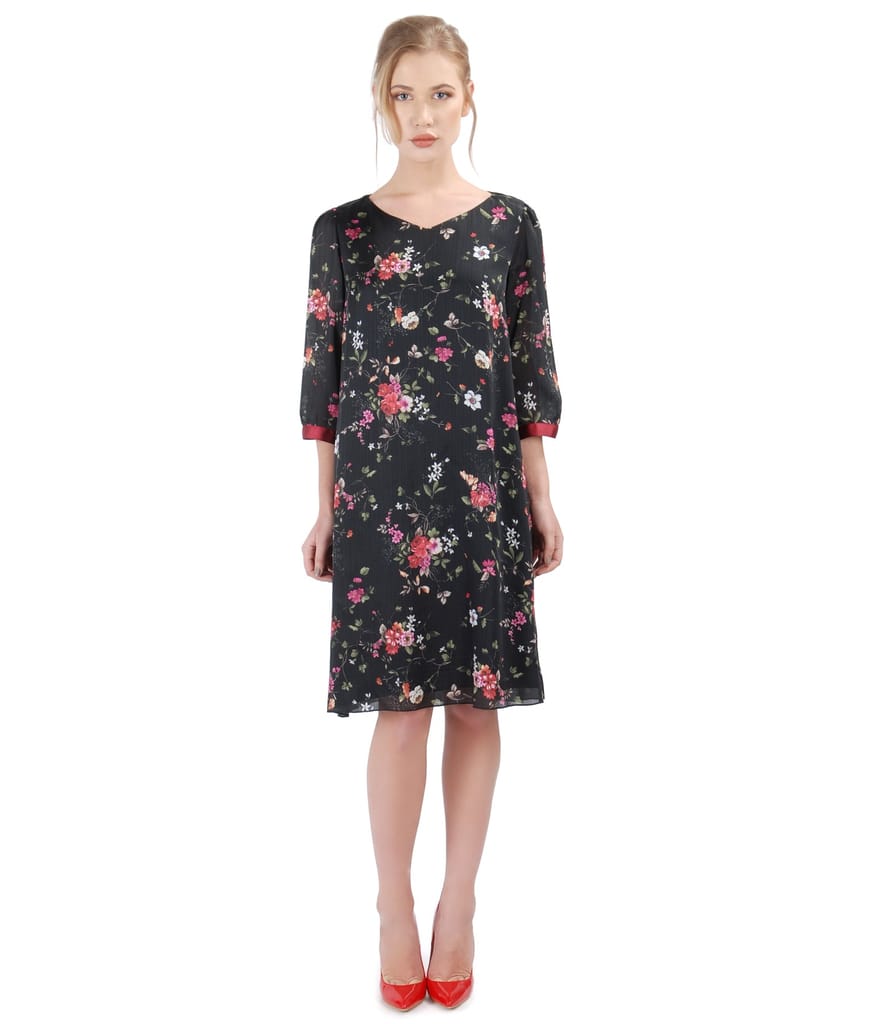 Rochie eleganta din voal cu imprimeu floral si garnitura