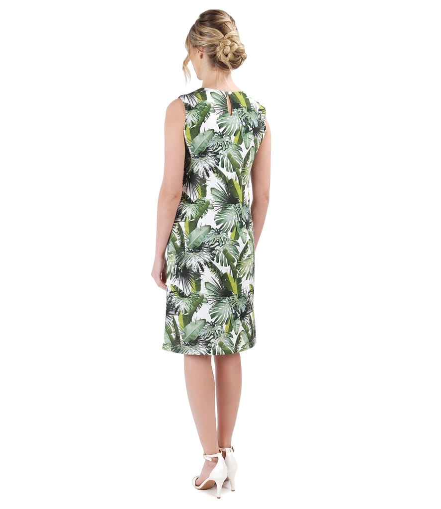 Rochie din jerse imprimat cu motive florale si pliuri pe fata