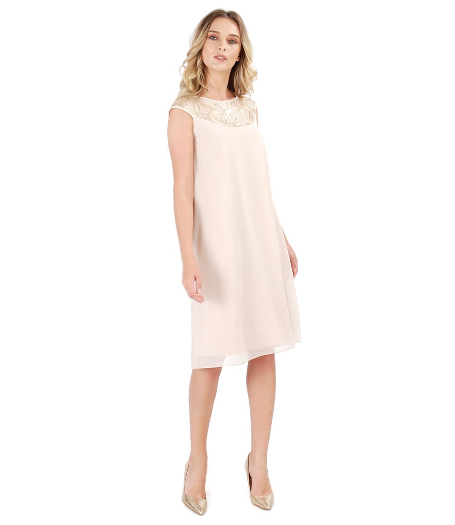 Rochie evazata din voal cu platca din dantela cu paiete