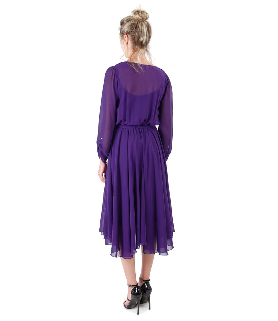 Rochie din voal cu furou din saten si aplicatie de cristale pe maneca