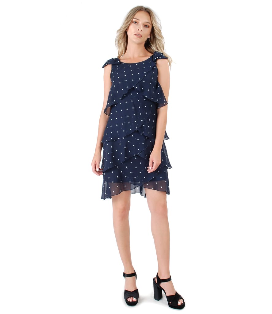 Rochie eleganta cu volane din voal imprimat cu picouri si aplicatie de perle