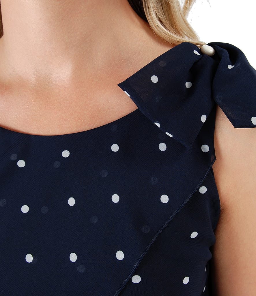 Rochie eleganta cu volane din voal imprimat cu picouri si aplicatie de perle