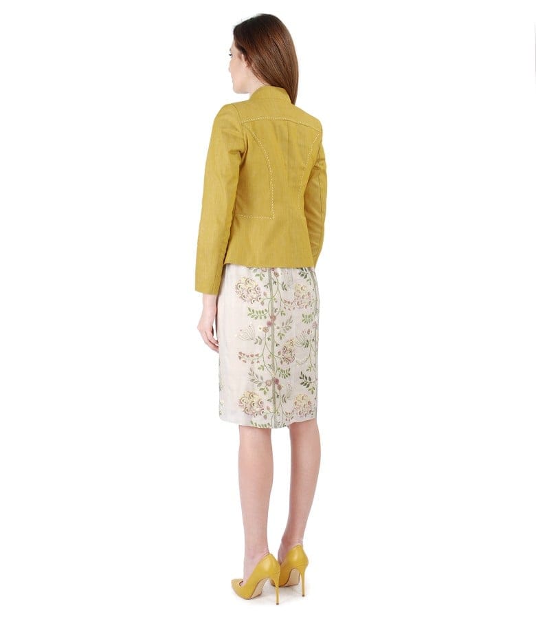 Rochie din viscoza imprimata cu flori si sacou din bumbac tip denim