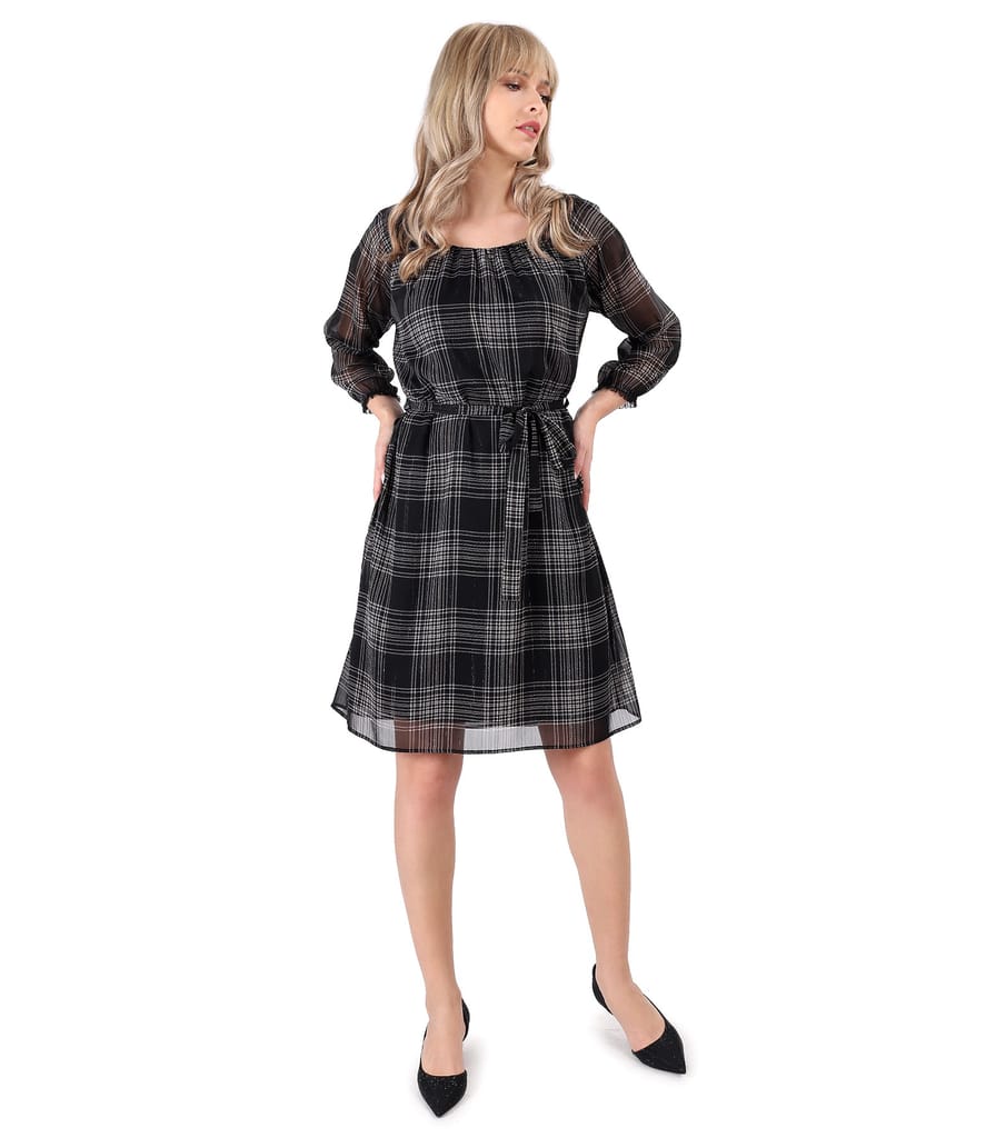 Rochie din voal in carouri cu cordon