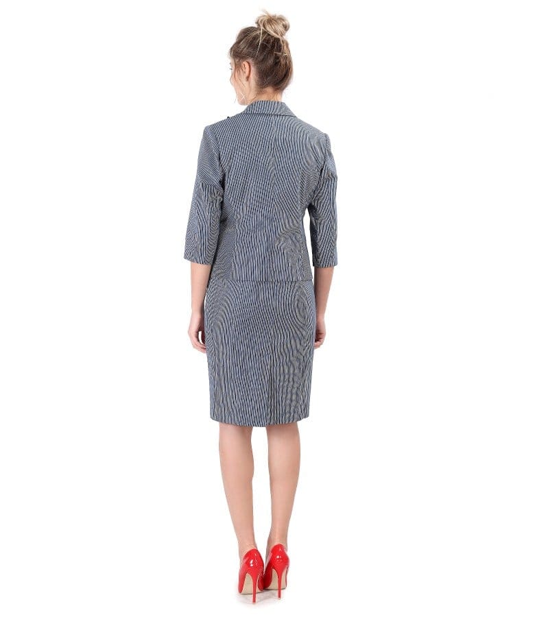 Costum dama office cu rochie si sacou din bumbac texturat cu dungi
