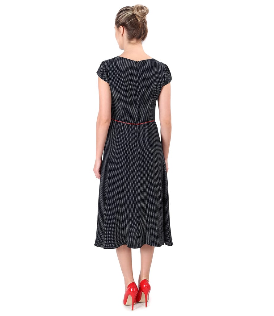 Rochie din viscoza imprimata cu picouri si funda in talie