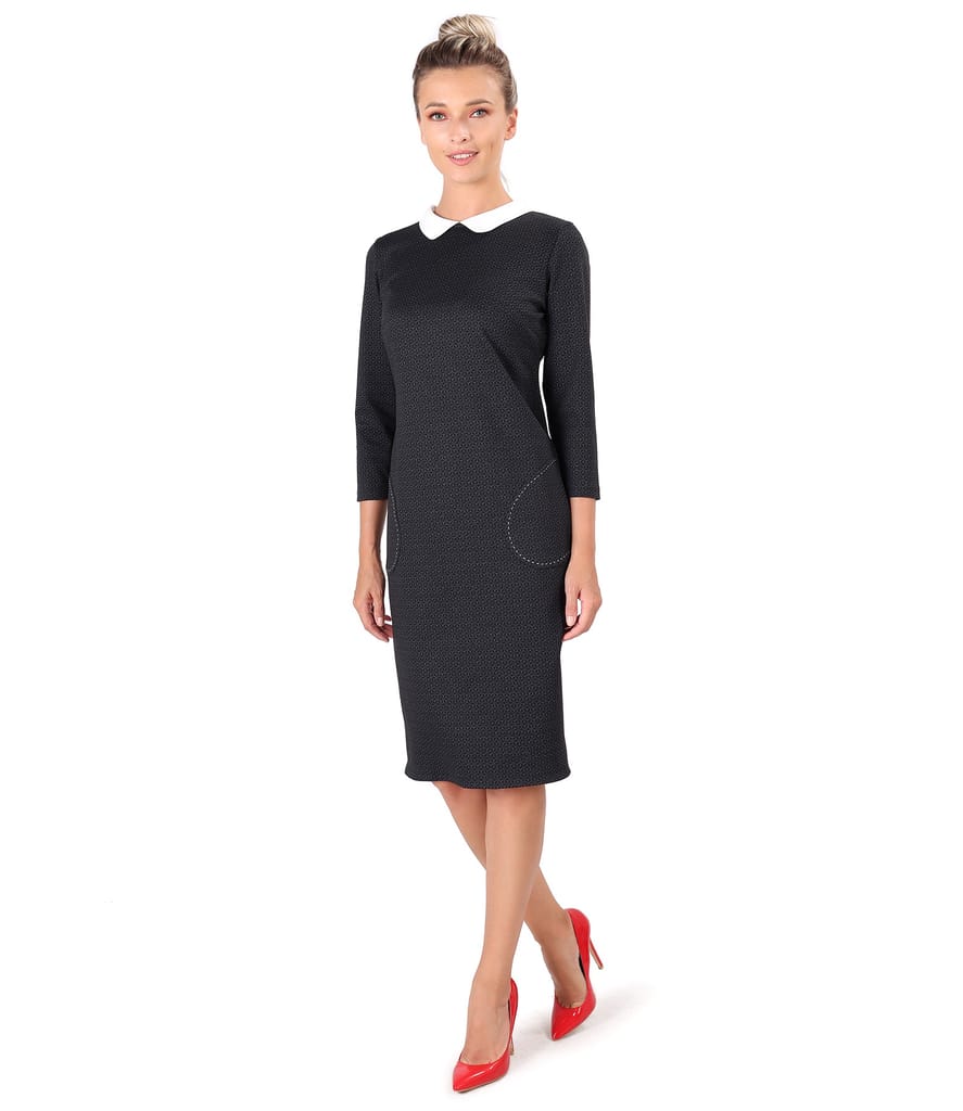 Rochie office din jerse elastic gros si guler alb