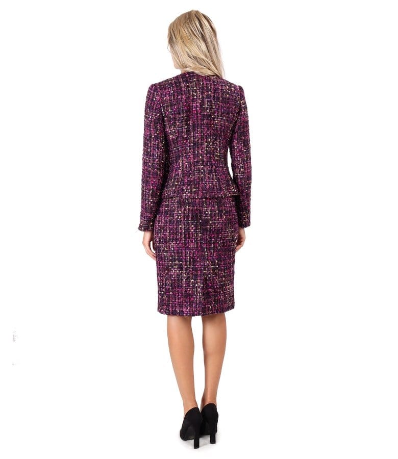 Costum dama office cu fusta si sacou din bucle multicolor cu lana