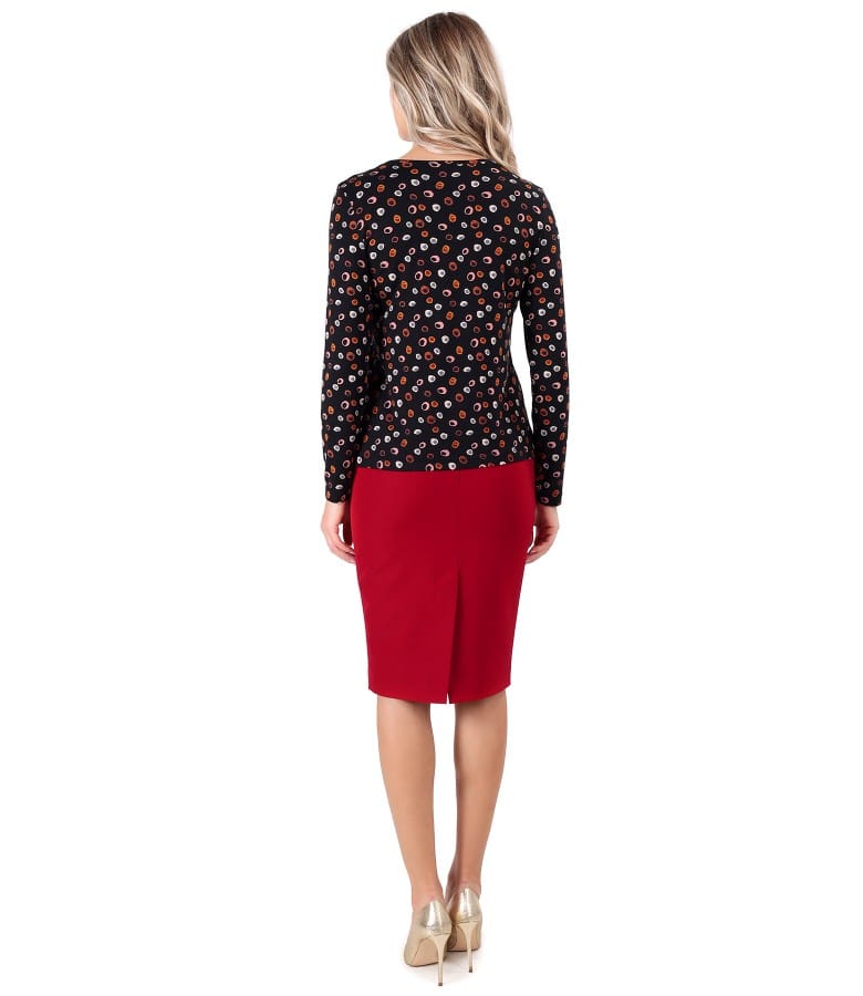 Tinuta office cu fusta si bluza din jerse elastic imprimat