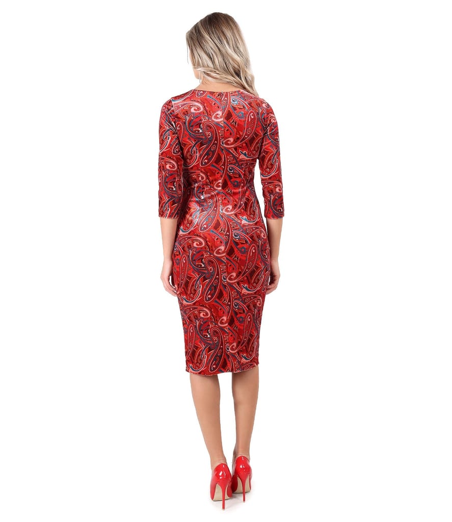 Rochie din catifea elastica imprimata paisley cu falduri pe fata