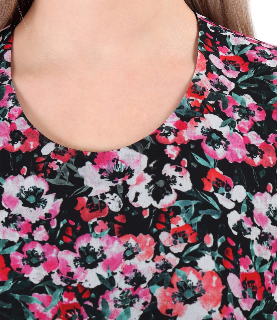 Rochie cu volane din voal imprimat cu motive florale