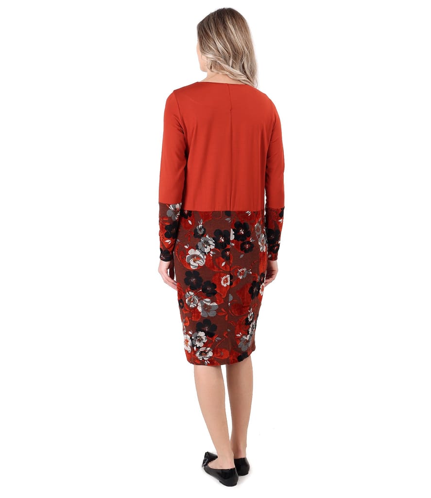 Rochie midi din jerse elastic si catifea brocata cu motive florale