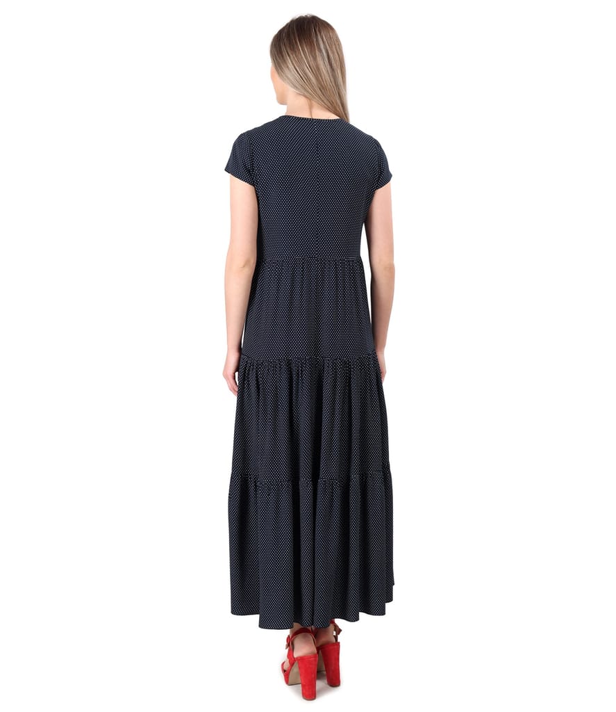 Rochie lunga cu volane din viscoza imprimata cu picouri