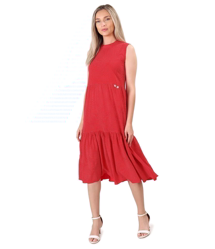 Rochie midi cu volan din viscoza imprimata cu picouri