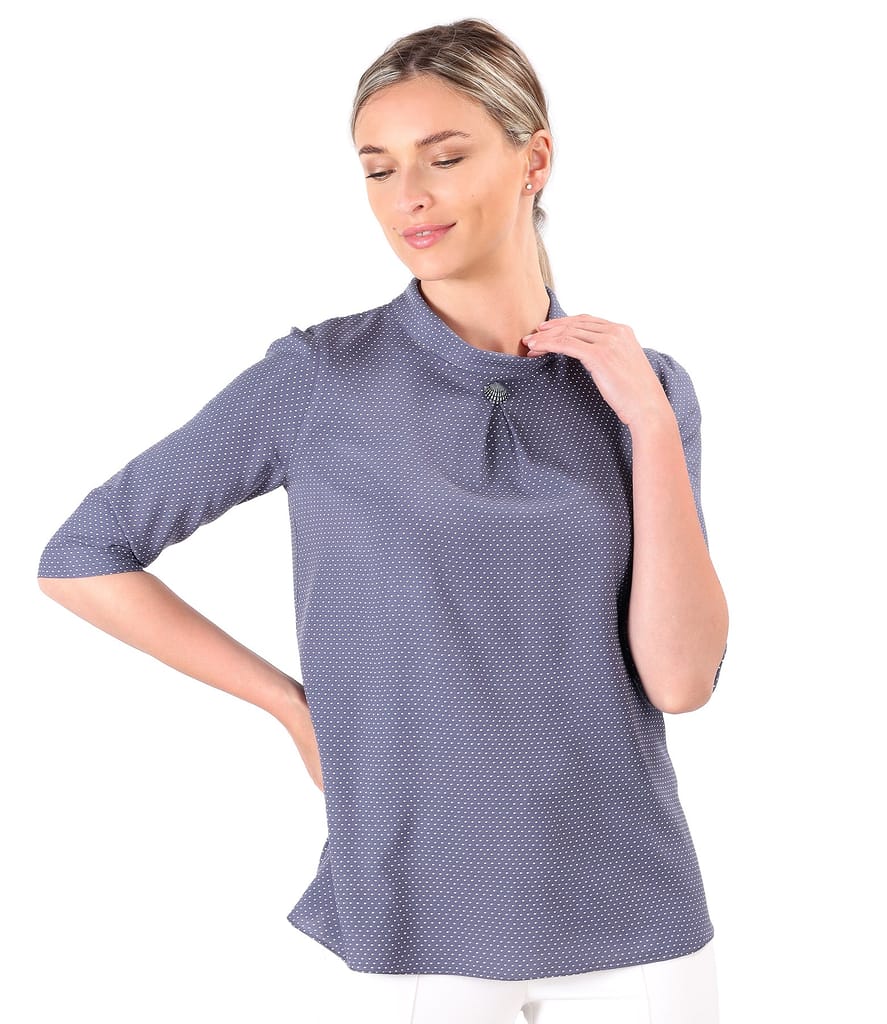 Bluza din viscoza imprimata cu picouri si guler rotund